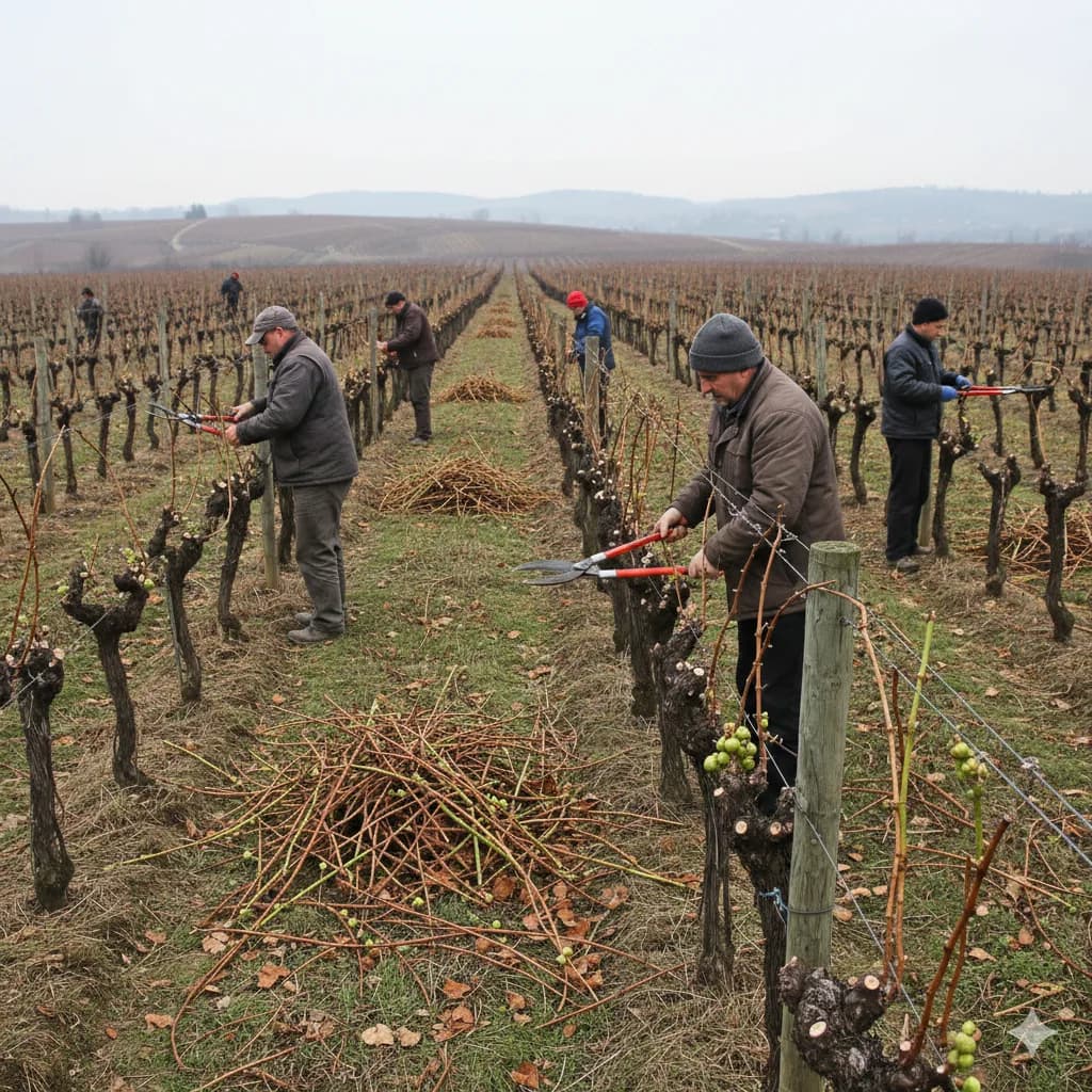 pruning work in vineyards of sultana and raisins